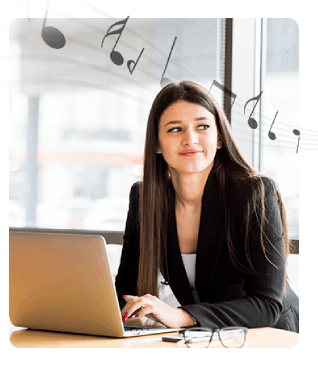 Woman working on laptop with musical notes